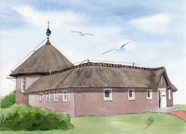 Postkarte DIN-A5  Aquarell Maritim Kunst Druck Kunstdruck Nordsee Insel Baltrum Kirche
